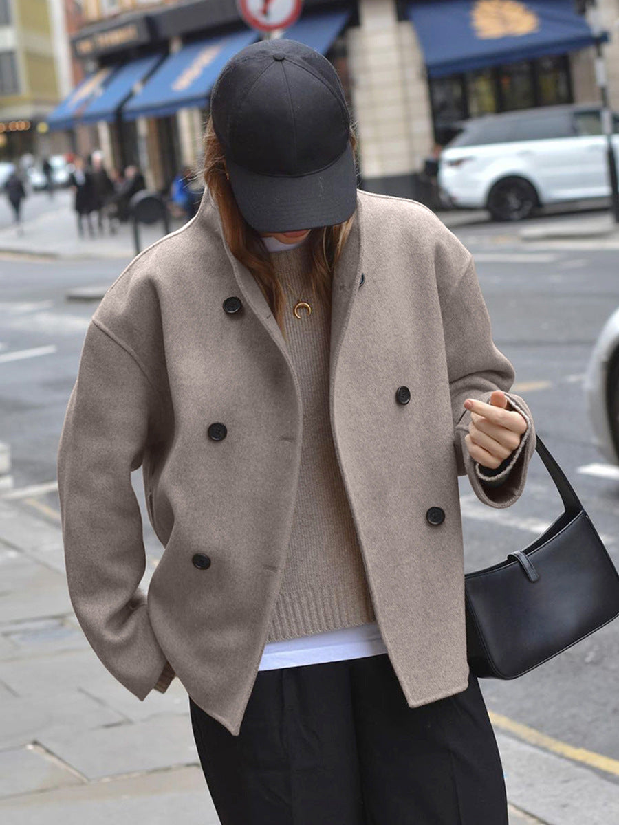Designed Brown Double-breasted Woolen Coat For Women Winter Thickened Woolen Coat
